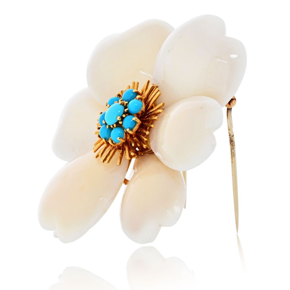 Van Cleef & Arpels Rose de Noel 18K Yellow Gold Coral And Turquoise Brooch