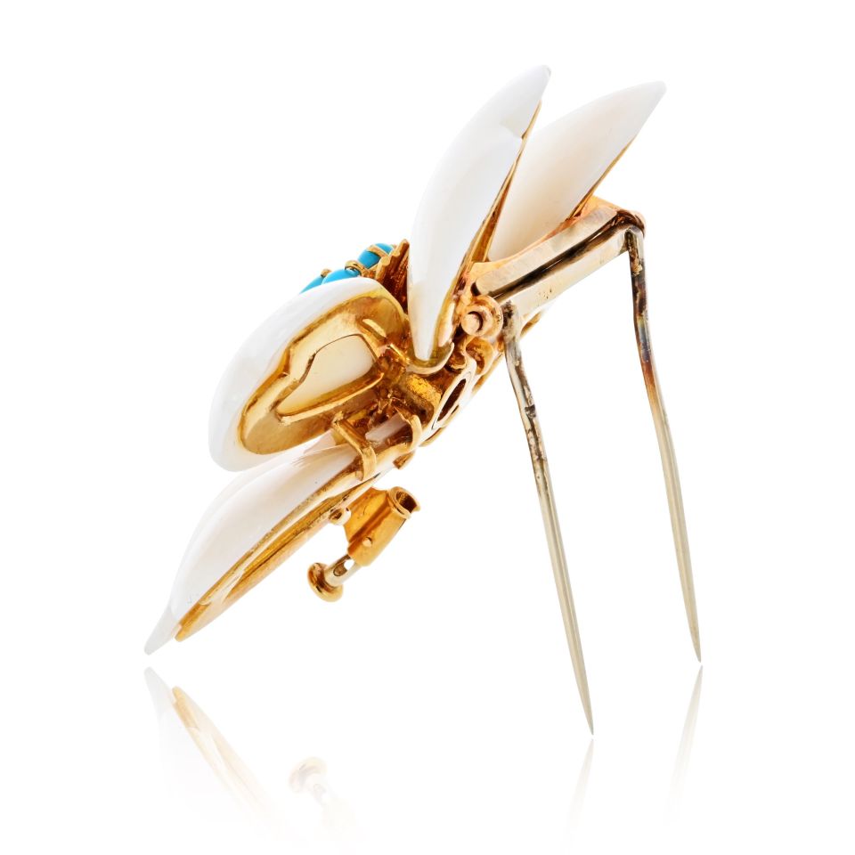 Van Cleef & Arpels Rose de Noel 18K Yellow Gold Coral And Turquoise Brooch