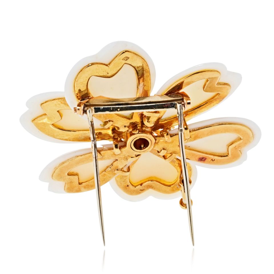Van Cleef & Arpels Rose de Noel 18K Yellow Gold Coral And Turquoise Brooch