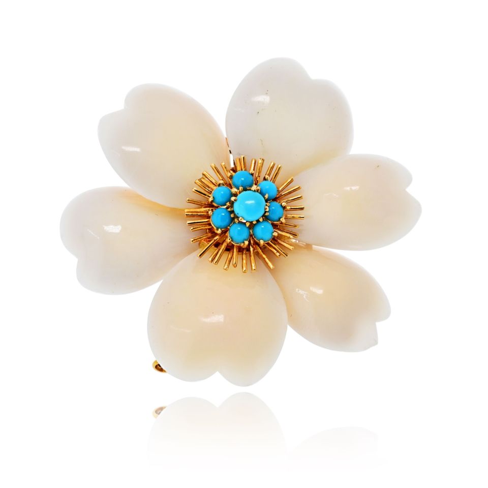 Van Cleef & Arpels Rose de Noel 18K Yellow Gold Coral And Turquoise Brooch