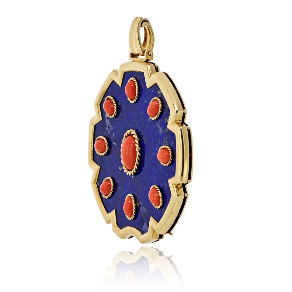 Van Cleef & Arpels 18K Yellow Gold 1970's Lapis And Coral Pendant