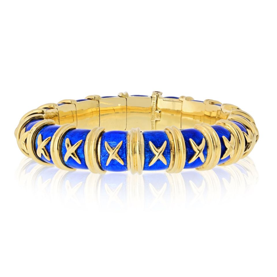 Tiffany & Co. Schlumberger 18K Yellow Gold Croisillon Blue Enamel