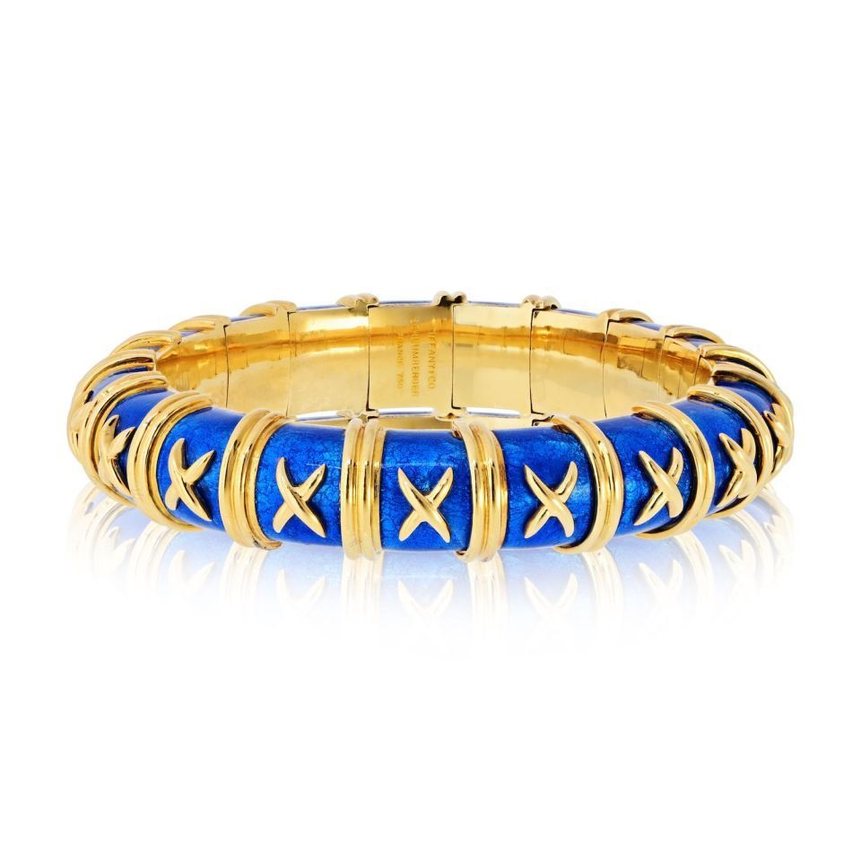 Tiffany & Co. Schlumberger 18K Yellow Gold Vintage Croisillon Blue Enamel Bracelet