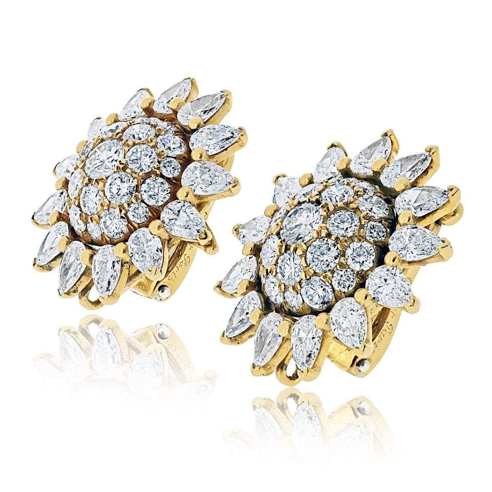 Cartier 18K Yellow Gold Starburst Cluster Vintage Retro Diamond Earrings