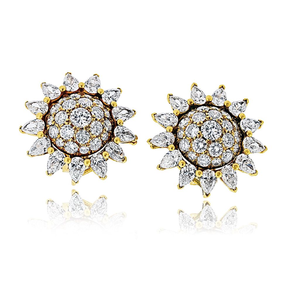Cartier 18K Yellow Gold Starburst Cluster Vintage Retro Diamond Earrings