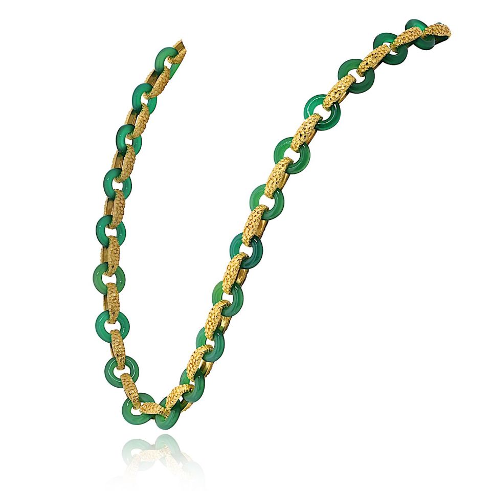 Tiffany & Co. 18K Yellow Gold Chrysoprase Round And Gold Link 26 Inch Necklace