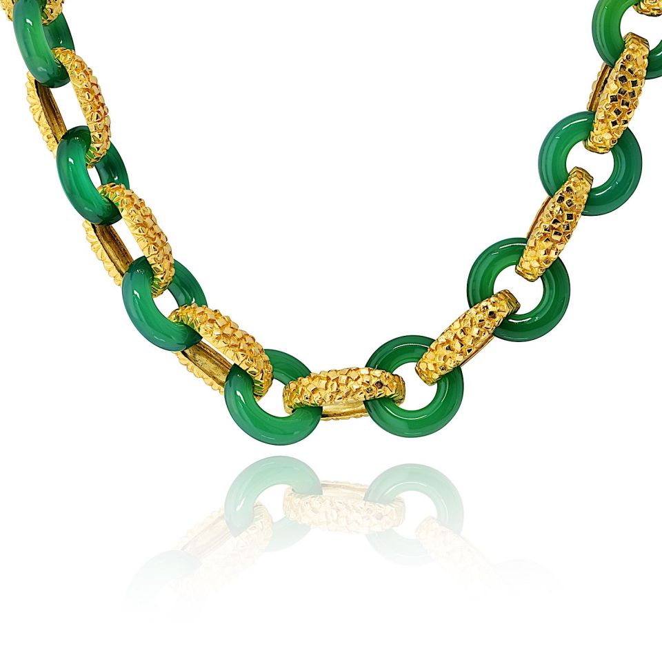 Tiffany & Co. 18K Yellow Gold Chrysoprase Round And Gold Link 26 Inch Necklace