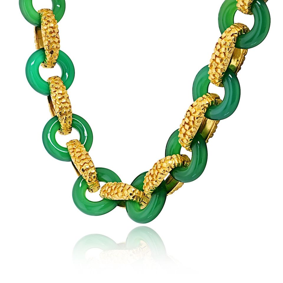 Tiffany & Co. 18K Yellow Gold Chrysoprase Round And Gold Link 26 Inch Necklace