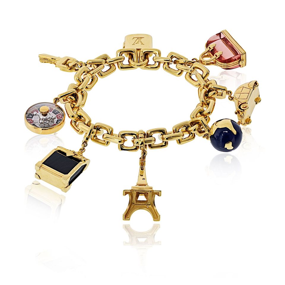 LOUIS VUITTON チャーム ブレスレット ゴールドカラー Louis Vuitton 18K Yellow Gold 8 Charm Padlock, Efel Tower, Keys