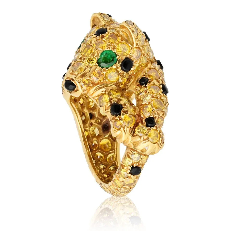 Panthere Platinum & 18K Yellow Gold Yellow Diamond Onyx & Emerald Ring - The Back Vault