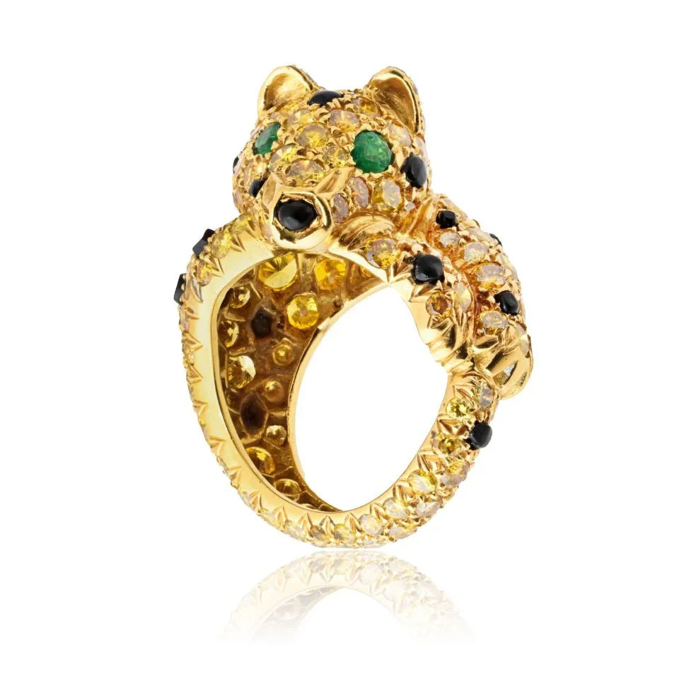Panthere Platinum & 18K Yellow Gold Yellow Diamond Onyx & Emerald Ring - The Back Vault