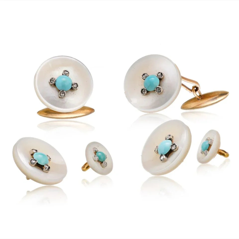 18K Yellow Gold Mother of Pearl Turquoise Button Cuff Links - The Back Vault