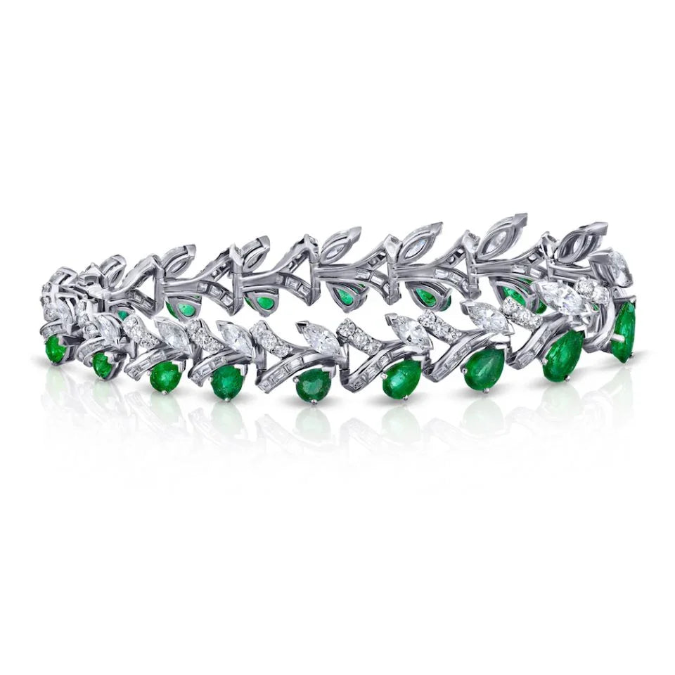 Platinum Green Emerald, Marquise And Baguette Cut Diamond Bracelet - The Back Vault