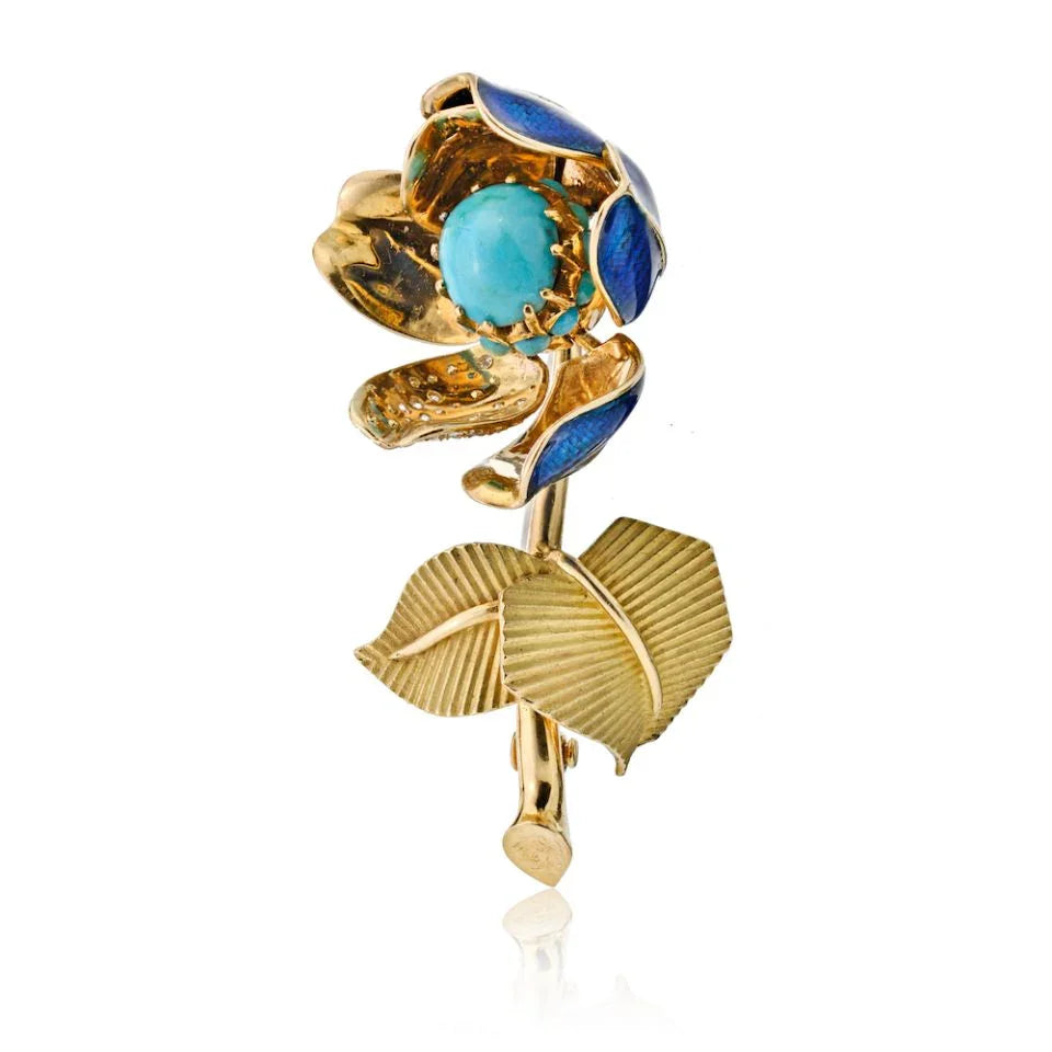 Circa 1970's 18K Yellow Gold Turquoise, And Blue Enamel Flower Brooch - The Back Vault