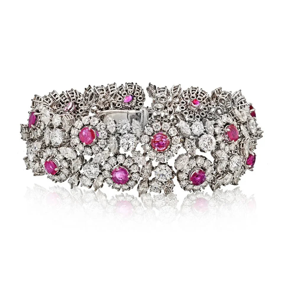 Platinum Ruby & Diamond Floral Motif Gemstone Bracelet - The Back Vault