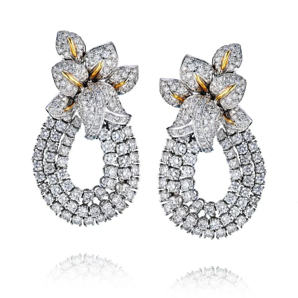 18K Two Tone 13 carat Diamond Statement Flower Earrings - The Back Vault