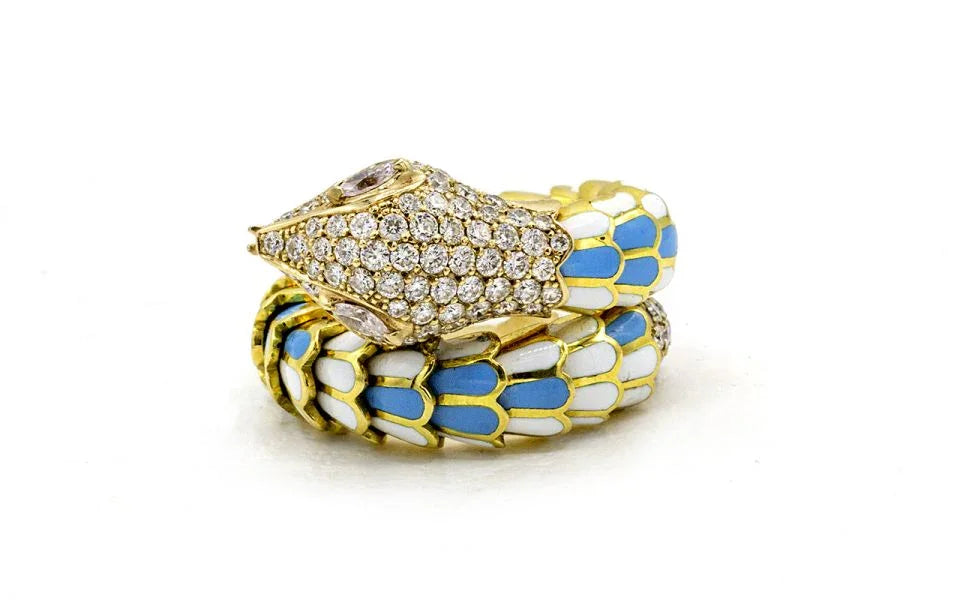 18K Yellow Gold Turquoise And White Enamel Diamond Serpent Snake Ring - The Back Vault