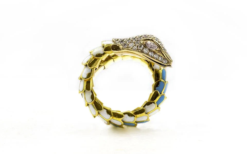 18K Yellow Gold Turquoise And White Enamel Diamond Serpent Snake Ring - The Back Vault