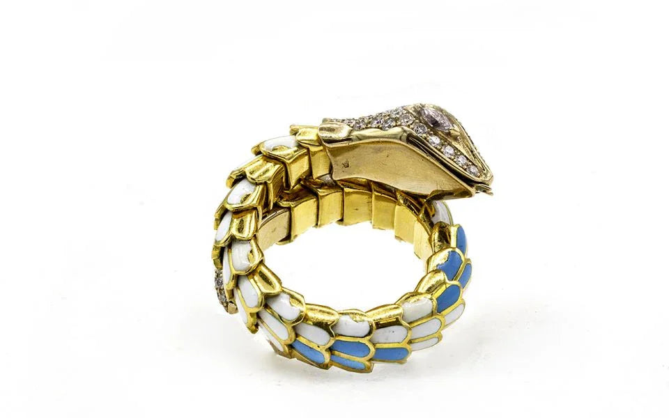 18K Yellow Gold Turquoise And White Enamel Diamond Serpent Snake Ring - The Back Vault