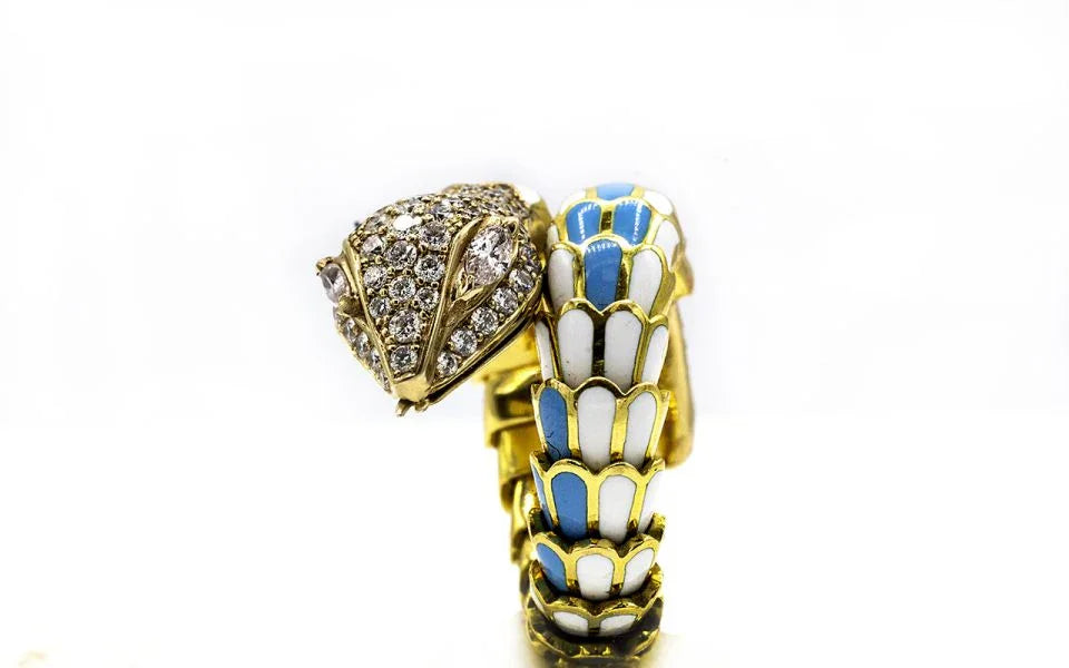 18K Yellow Gold Turquoise And White Enamel Diamond Serpent Snake Ring - The Back Vault
