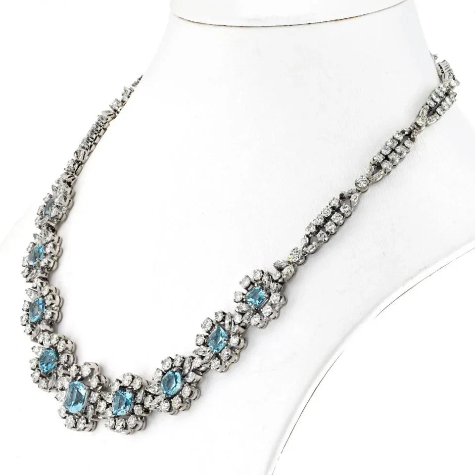 18K White Gold Aquamarine & Diamond approx 35.00 cttw Necklace - The Back Vault