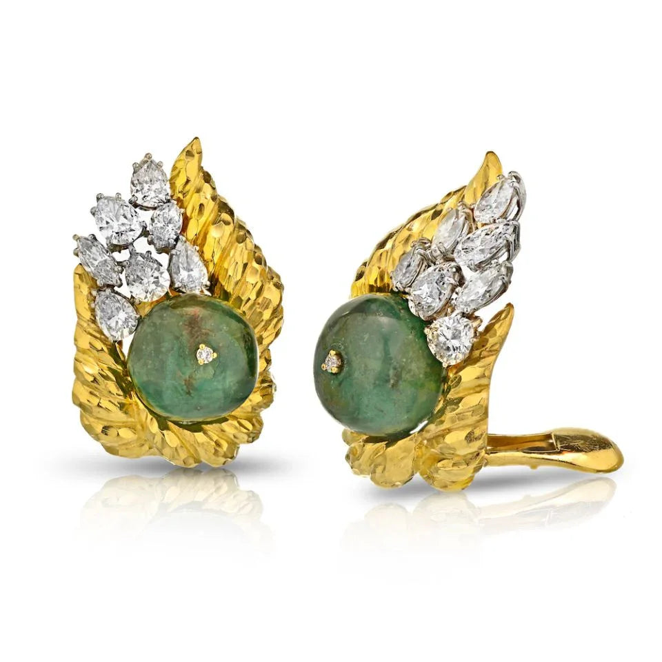David Webb 18K Yellow Gold Diamond & Emerald Bead Clip-On Earrings - The Back Vault