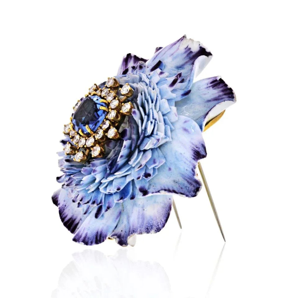 David Webb Circa 1950's 18K Yellow Gold Ceramic with Diamonds - Ceylon Sapphire Brooch - The Back Vault