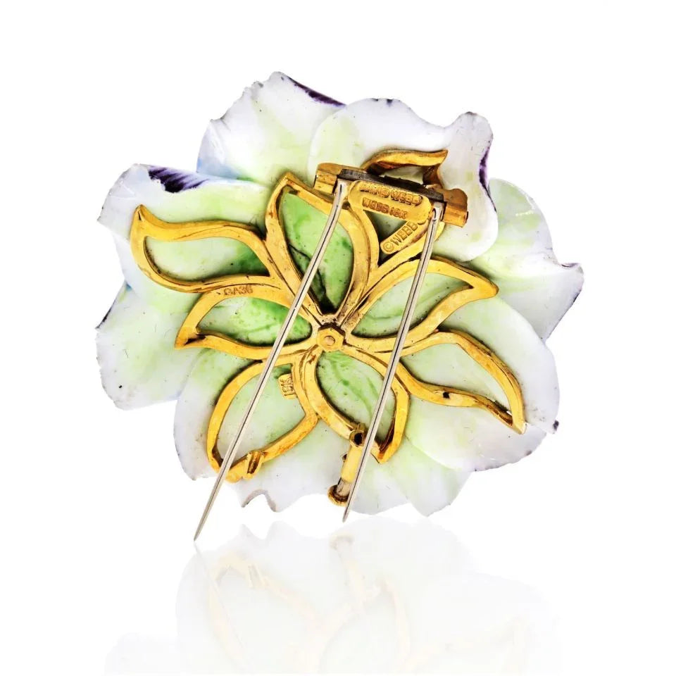 David Webb Circa 1950's 18K Yellow Gold Ceramic with Diamonds - Ceylon Sapphire Brooch - The Back Vault