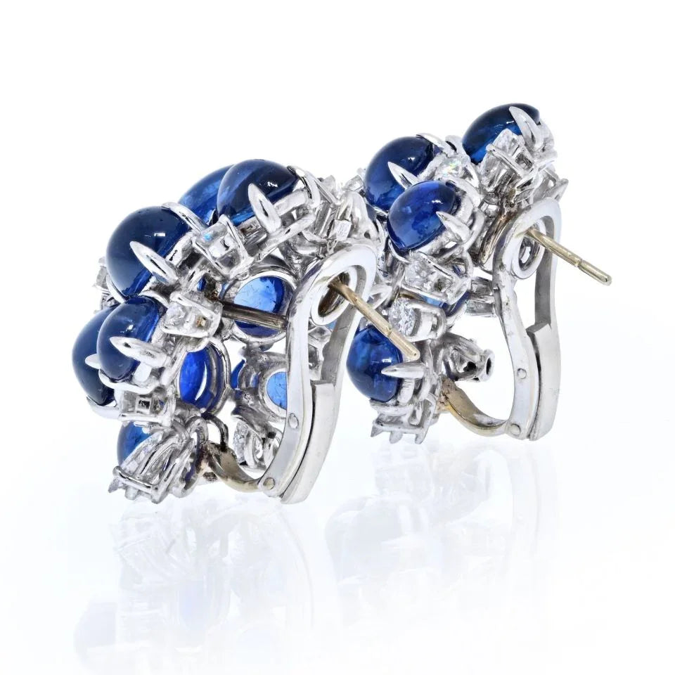 Cabochon Blue Sapphire and Diamond Flower Earrings - The Back Vault