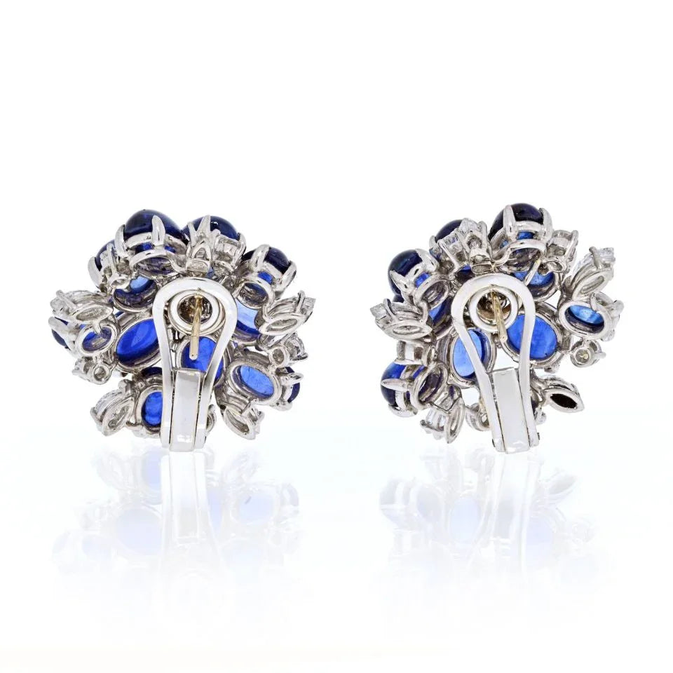 Cabochon Blue Sapphire and Diamond Flower Earrings - The Back Vault