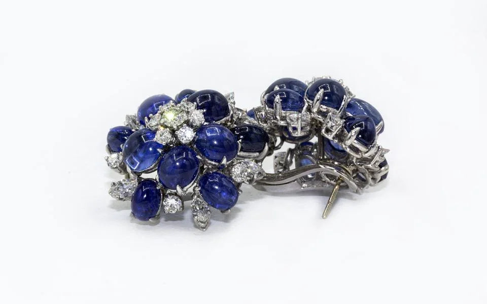 Cabochon Blue Sapphire and Diamond Flower Earrings - The Back Vault