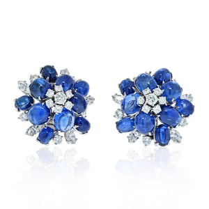 Cabochon Blue Sapphire and Diamond Flower Earrings