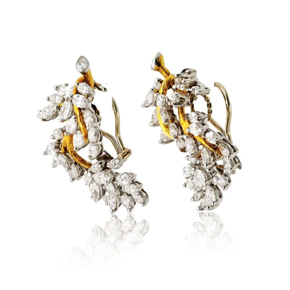 Circa 1970's Platinum & 18K Yellow Gold 10 carat Marquise Foliage Inspired Earrings - The Back Vault