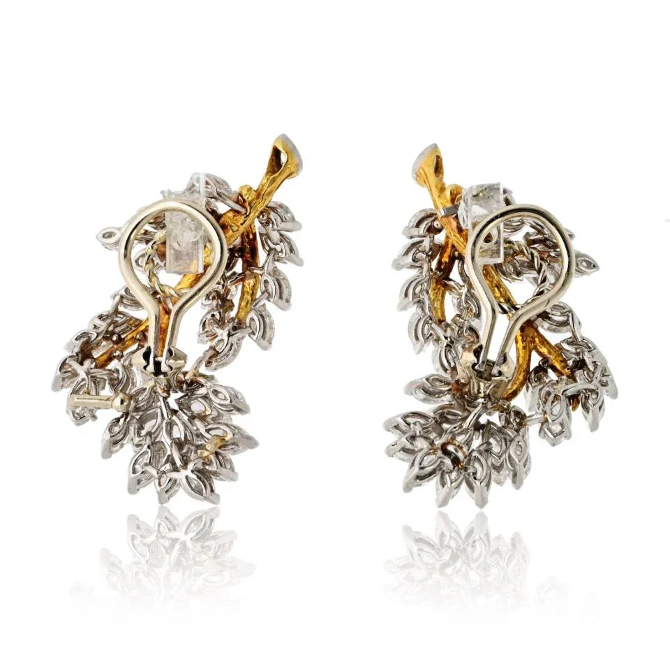 Circa 1970's Platinum & 18K Yellow Gold 10 carat Marquise Foliage Inspired Earrings - The Back Vault