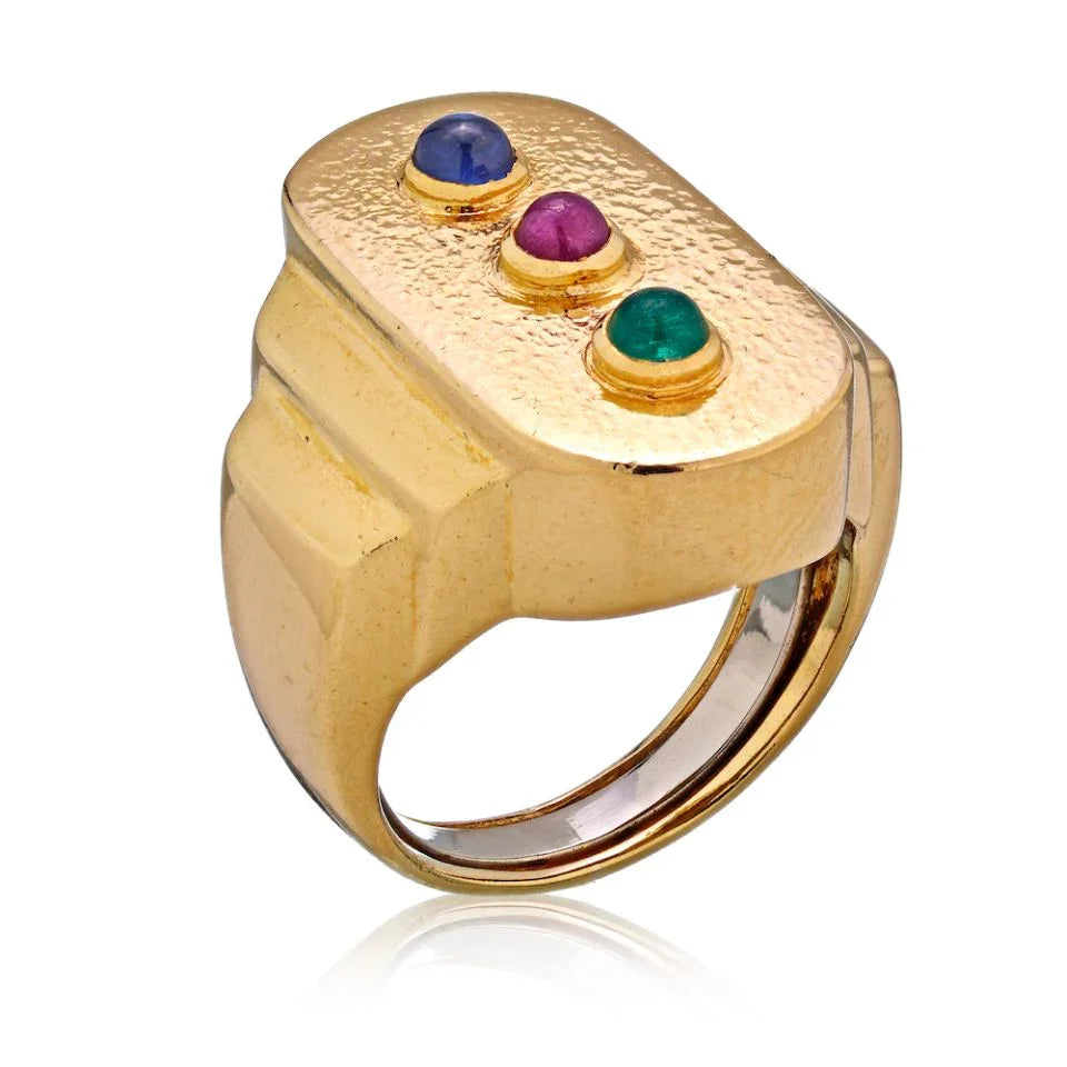 David Webb Platinum & 18K Yellow Gold Ruby, Emerald, Sapphire Three Gem Ring - The Back Vault