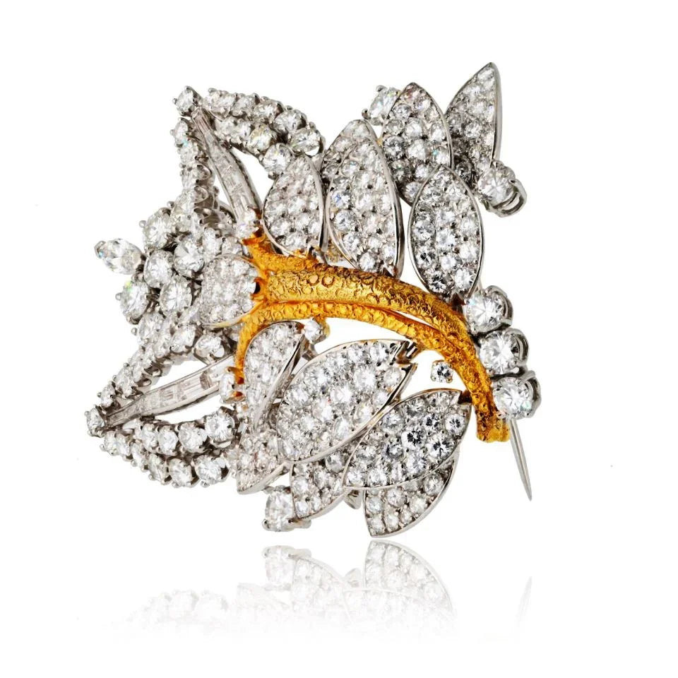 Circa 1960's Platinum & 18K Yellow Gold 16 carat Diamond Leaf Brooch - The Back Vault