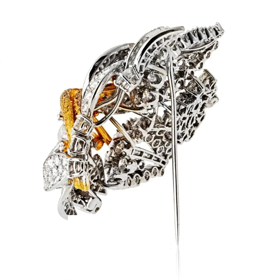 Circa 1960's Platinum & 18K Yellow Gold 16 carat Diamond Leaf Brooch - The Back Vault