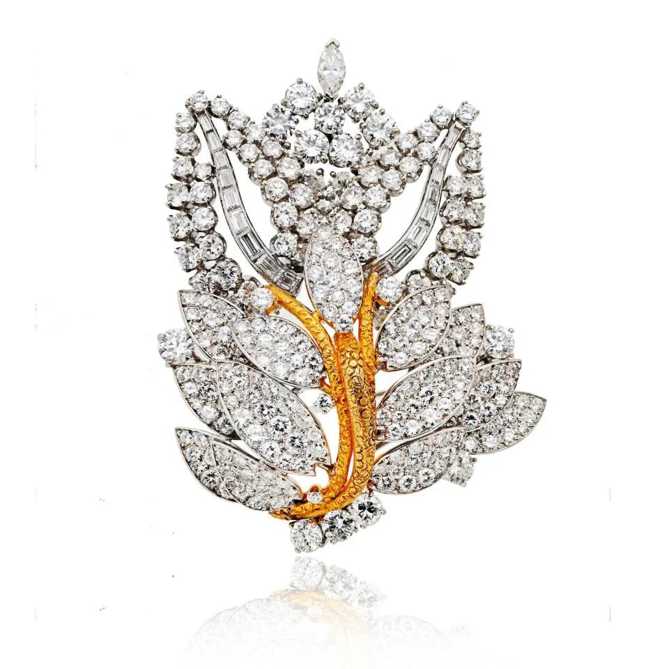 Circa 1960's Platinum & 18K Yellow Gold 16 carat Diamond Leaf Brooch - The Back Vault