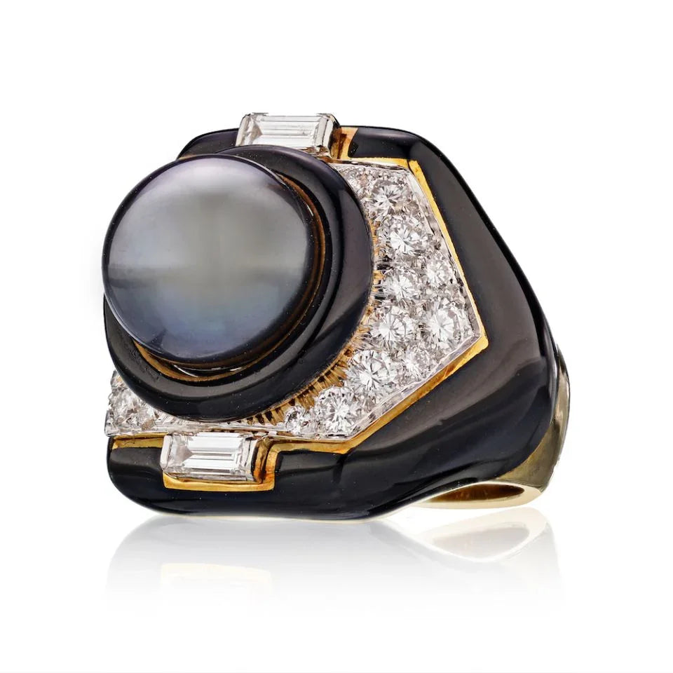 David Webb Circa 1970's Platinum & 18K Yellow Gold Tahitian Cultured Pearl Diamond Black Onyx Ring - The Back Vault