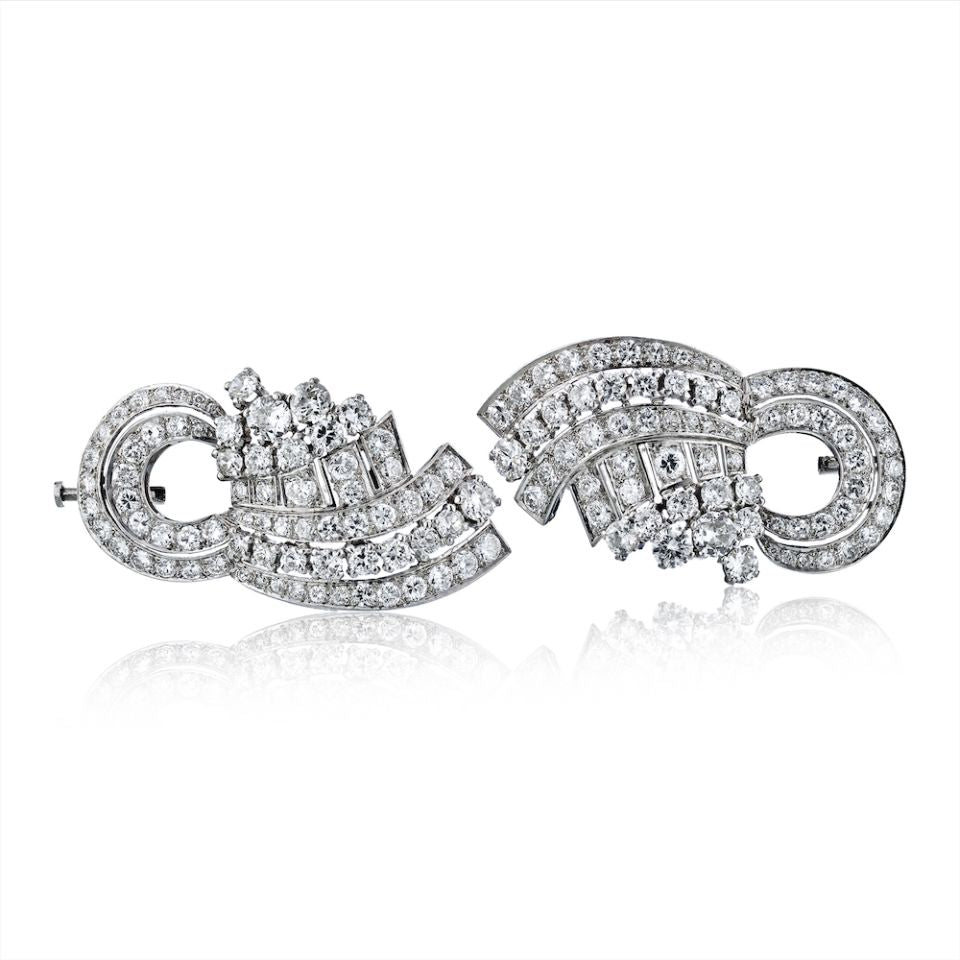 Circa 1940's Platinum Diamond Double Clip Brooch