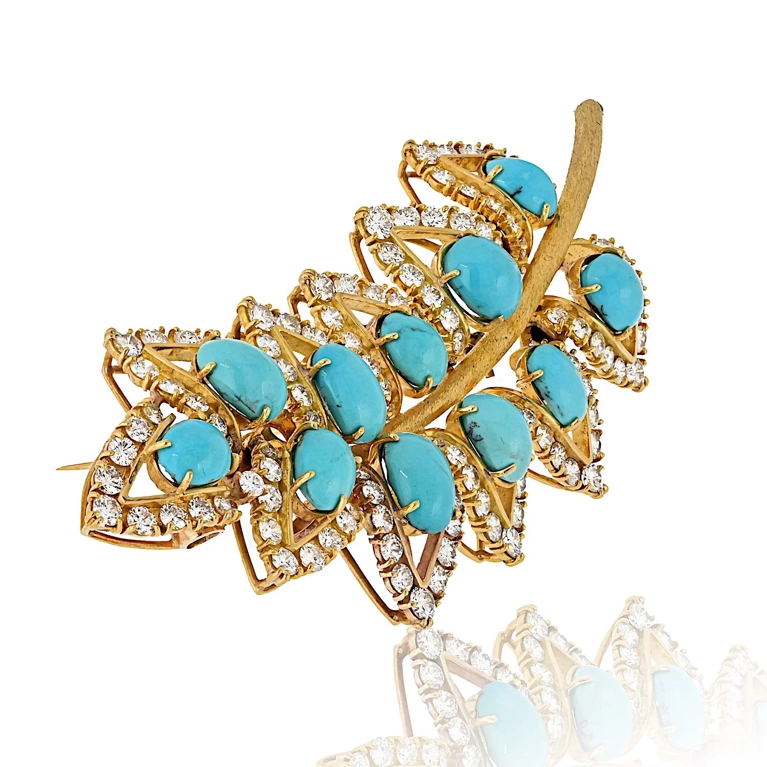 Circa 1960's 18K Yellow Gold Turquoise Leaf Brooch - The Back Vault
