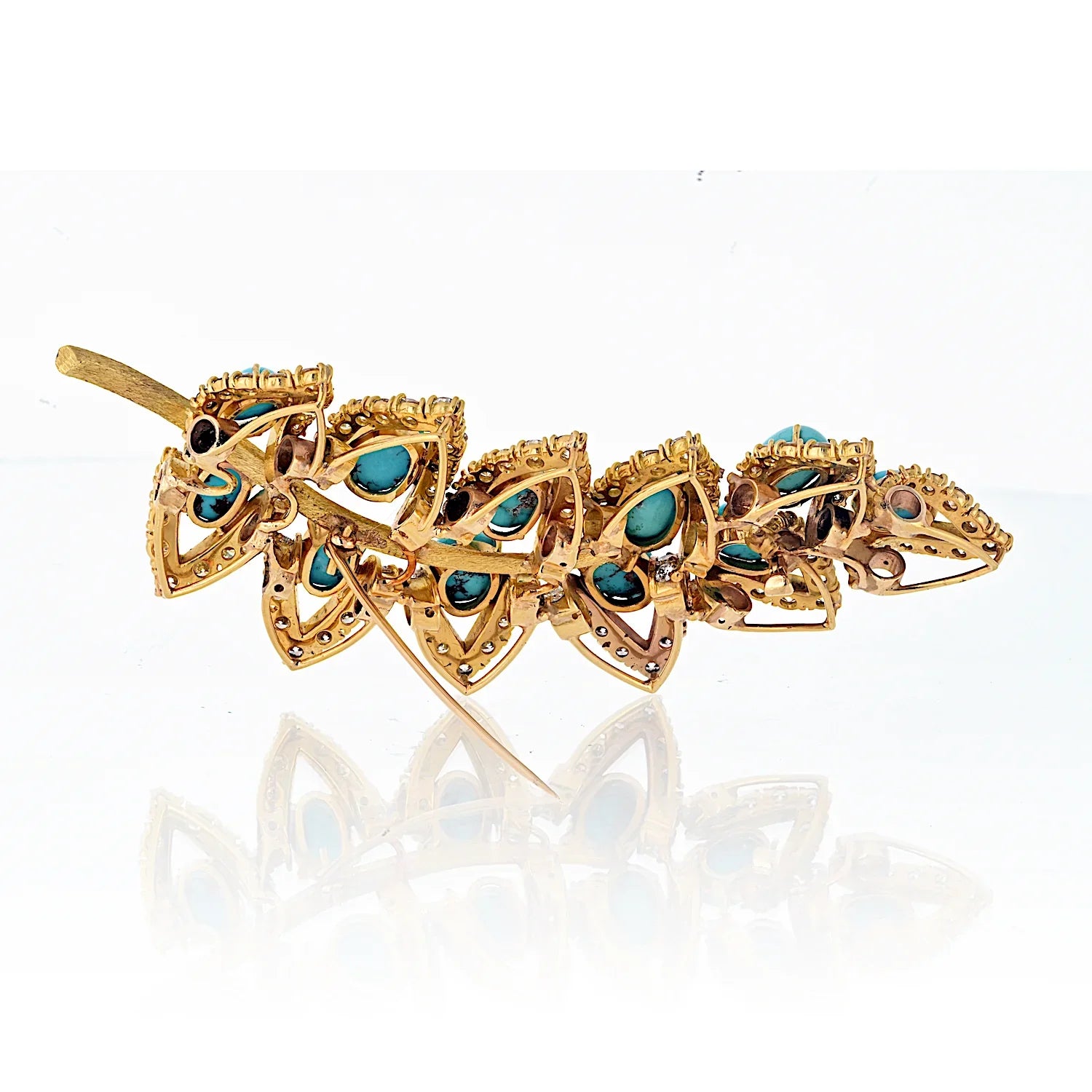 Circa 1960's 18K Yellow Gold Turquoise Leaf Brooch - The Back Vault