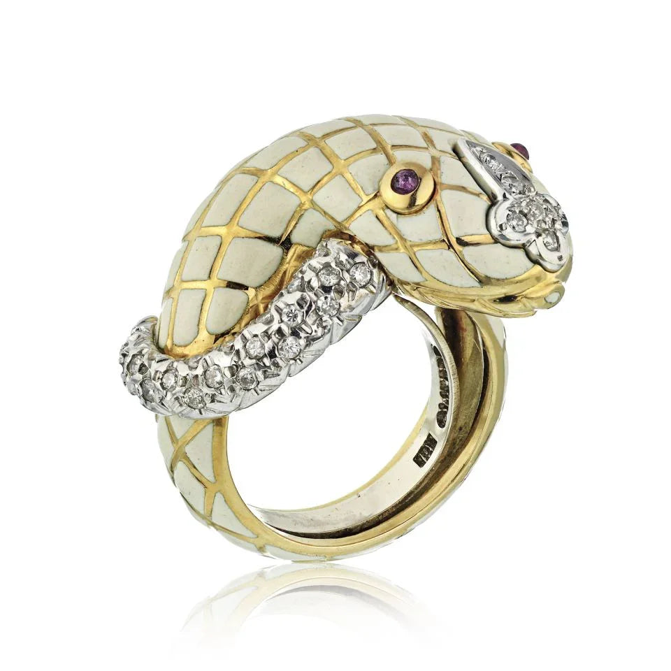 David Webb Serpenti Platinum & 18K Yellow Gold White Enamel Ring - The Back Vault