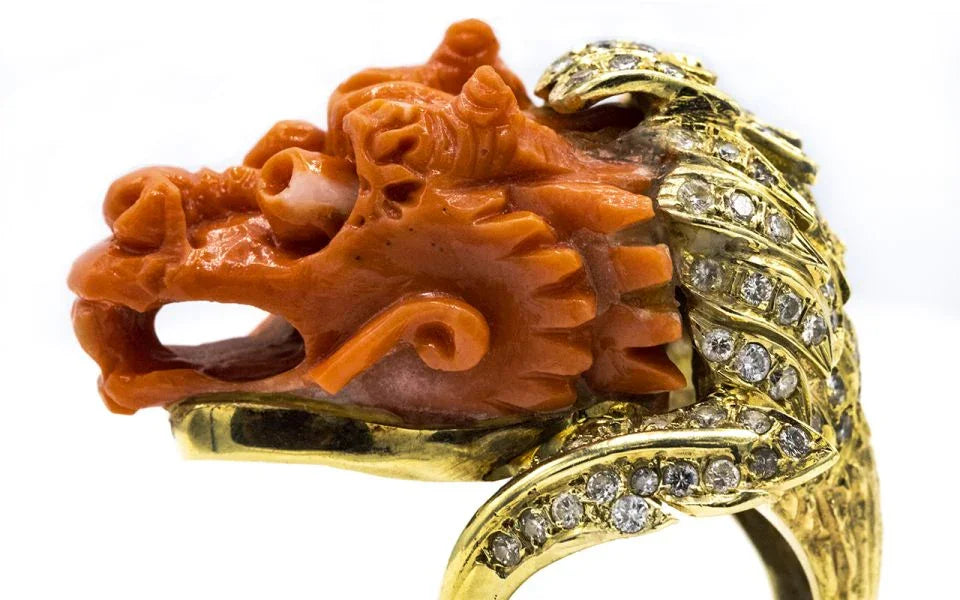 18K Yellow Gold Dragon Face Coral & Diamond Ring - The Back Vault