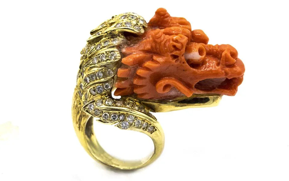 18K Yellow Gold Dragon Face Coral & Diamond Ring - The Back Vault