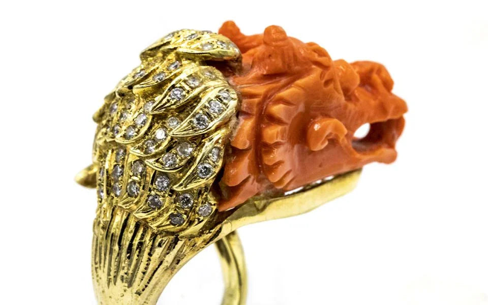 18K Yellow Gold Dragon Face Coral & Diamond Ring - The Back Vault