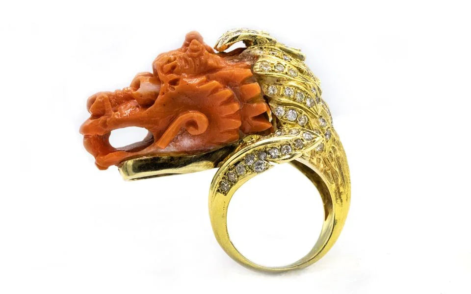 18K Yellow Gold Dragon Face Coral & Diamond Ring - The Back Vault