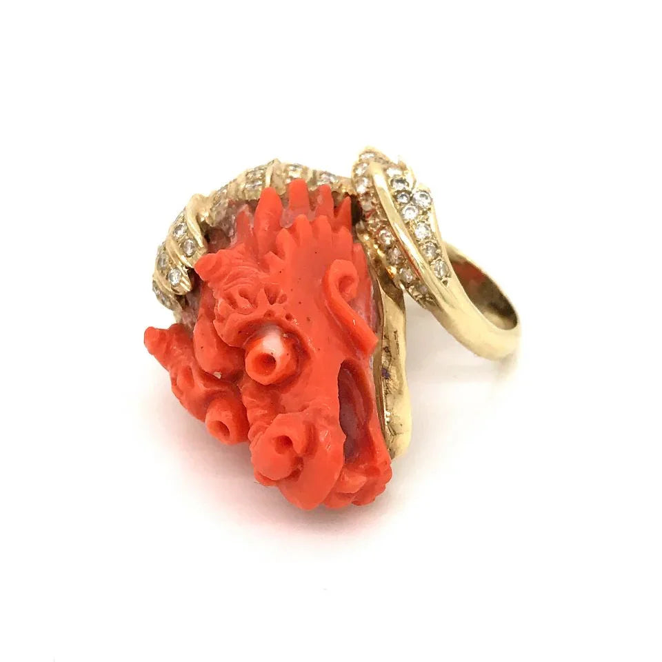 18K Yellow Gold Dragon Face Coral & Diamond Ring - The Back Vault