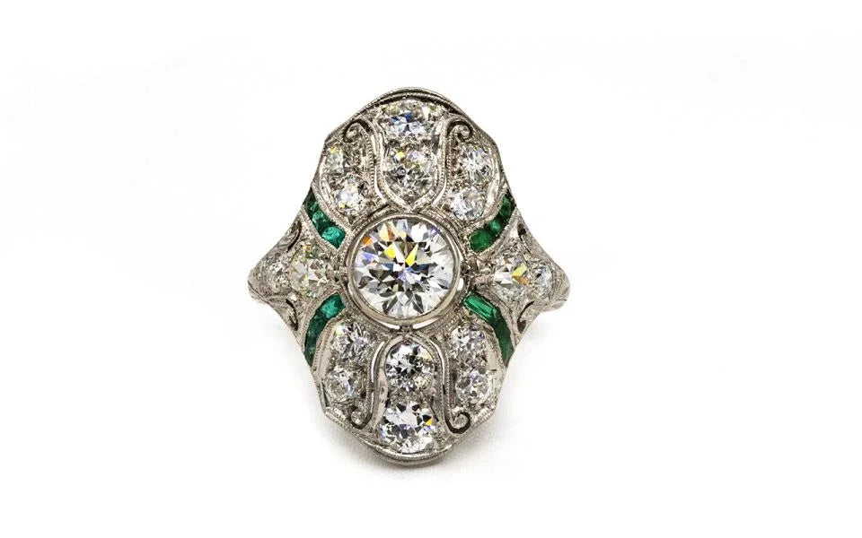 Art Deco Platinum Diamond & Emerald Ring - The Back Vault