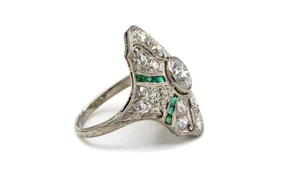 Art Deco Platinum Diamond & Emerald Ring - The Back Vault